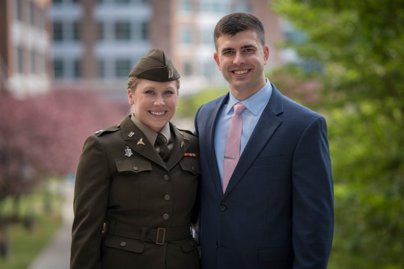Dawn Wright Ullmann stands in uniform with husband Andy Ullmann following her promotion to Captain in the U.S. Army.
