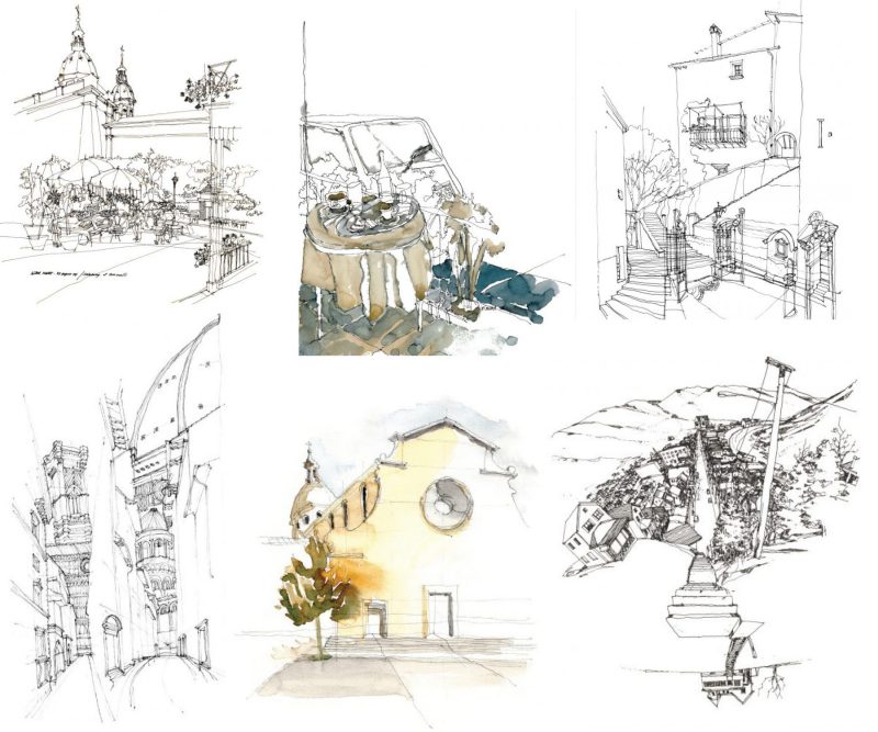 A compilation of travel sketches by Gene Egger.