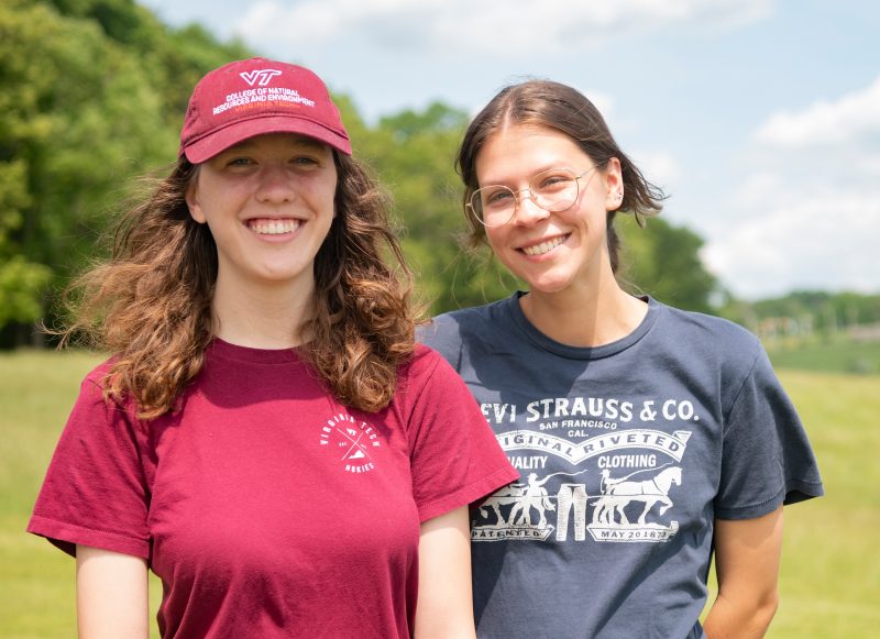 Wildlife conservation majors Rachel Morse and Madeline Alt at Virginia Tech's Center Woods facility. Photo by Ashley Wynn