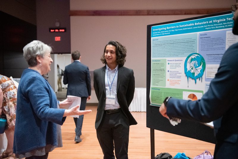 Taha Shaikh, of the Honors Culture of Sustainability Lab, during a poster session at the 2022 Dennis Dean Undergraduate Research and Creative Scholarship Conference. Photo by Ashley Wynn for Virginia Tech.