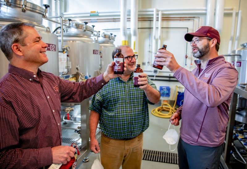 Department of Food Science and Technology faculty members (from left) Herbert Bruce, Sean O'Keefe, and Brian Wiersema worked with Hardywood Park Craft Brewery to develop the initial recipe for Fightin' Hokies Lager in Virginia Tech's on-campus brewery. 
