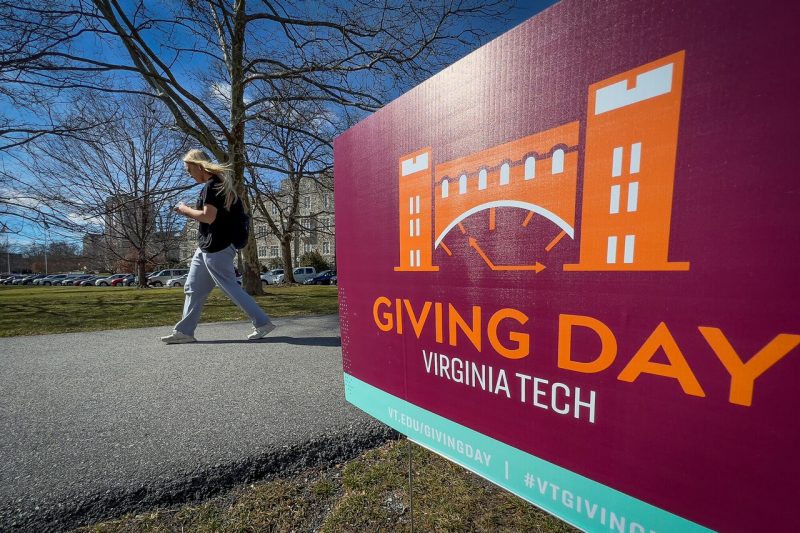 Giving Day signs adorned the Blacksburg campus on Feb. 23, 2022. Photo by Ray Meese for Virginia Tech.