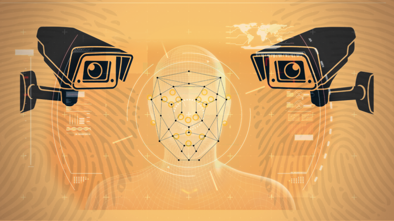 Graphic illustration of human head and torso outline against an orange background and two black video cameras hanging