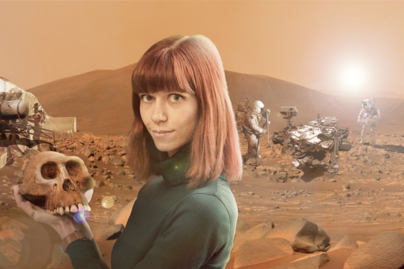 Composite image of Savannah Mandel holding a replica skull in front of a fictional depiction of Mars with astronauts and drones