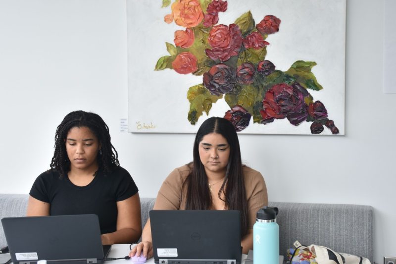 Two students sit at a table working on their laptops, with a painting of roses in the background.