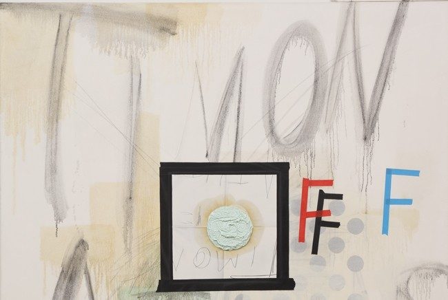 A detailed view of Craig Drennen; Timon of Athens 1, 2009, an oil on canvas painting on an off-white background. The word "Timon" can be seen written in the background.