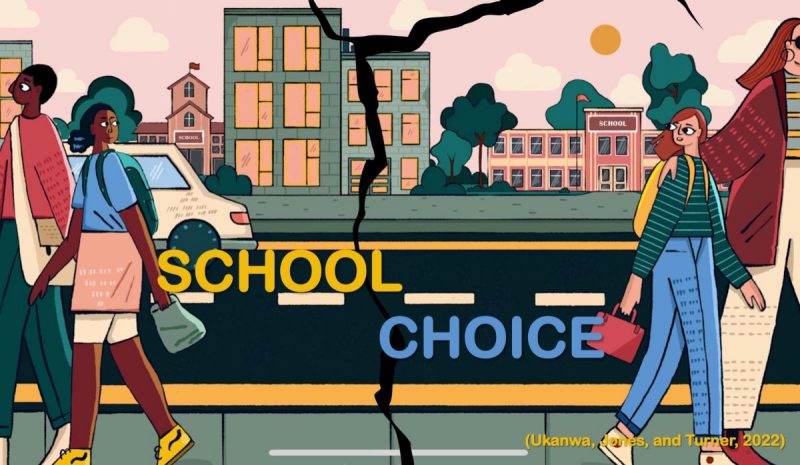 Graphic depiction with "school choice" copy overlayed on a photo of a cracking road dividing a Black student and their family on one side; the other side, a white student and their family.