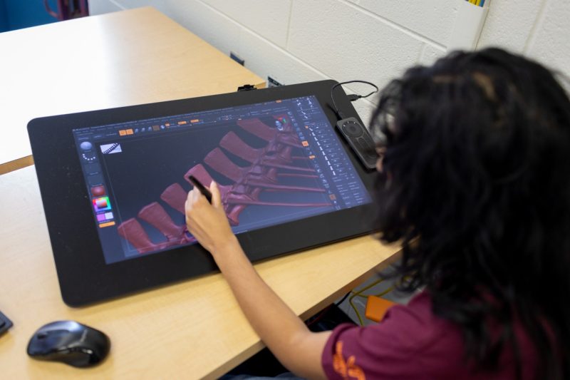 A student works on a digital dinosaur spine on a large digital tablet.