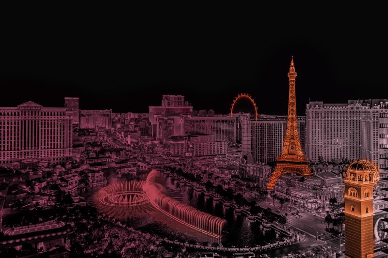 View of the Las Vegas downtown skyline in Virginia Tech colors. Photo credit: stock photography edited by Frontier Project.