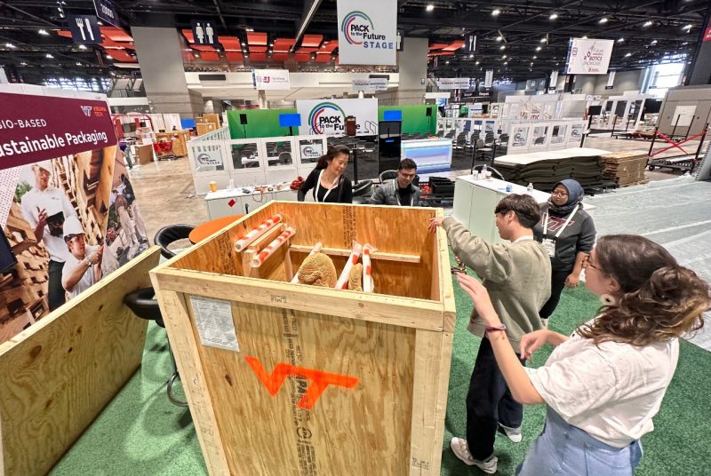 : People stand around a wooden crate that has a cardboard bird inside.
