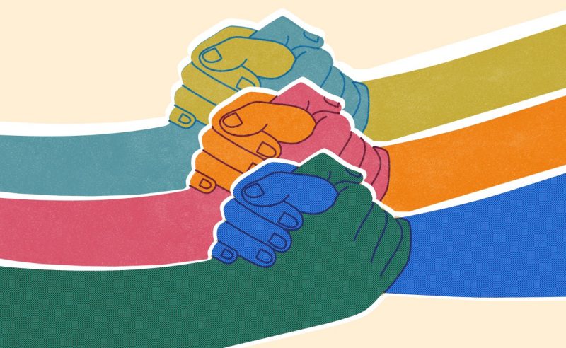 Illustration of three sets of hands clasping, all different colors—blue, green, orange, pink, chartreuse, aqua—as a symbol of inclusion and diversity.
