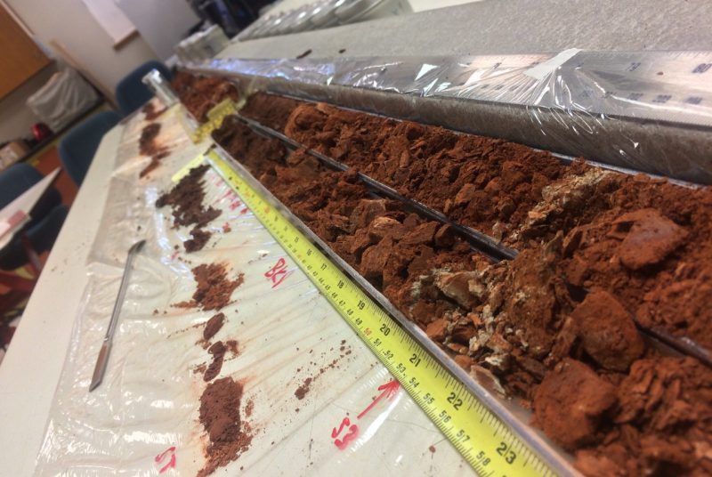 A long tube of soil sits next to a ruler on a table.