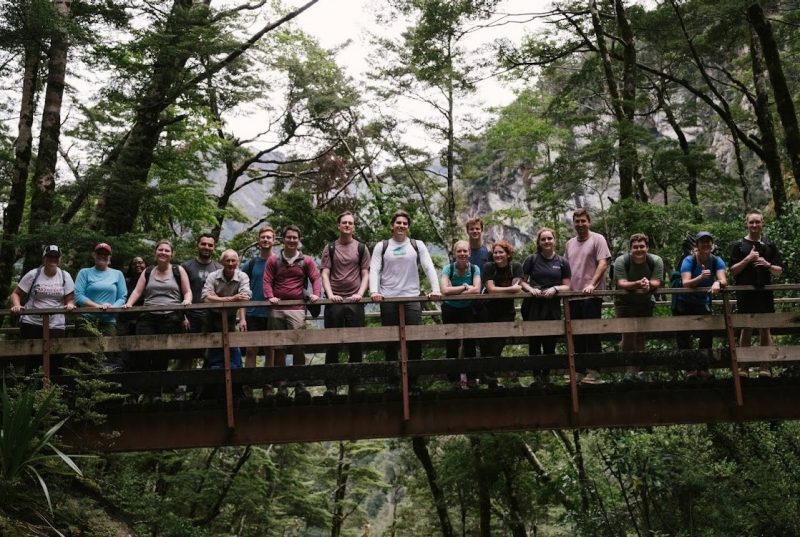 Students stand on a bridge in a forest of tall trees.
