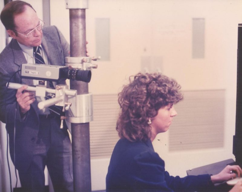 Dennis Price and Debbie Shelor in the safety projects lab in the 1980s