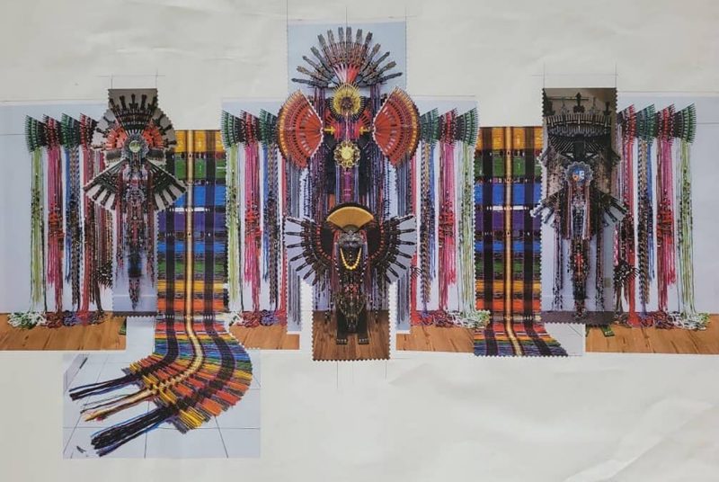 A rendering of a site-specific installation artist Anne Samat will construct at the Moss Arts Center, consisting of  of a family of three anthropomorphic wall-mounted sculptures and one small standing sculpture in the center. The totemic sculptures connect with brightly colored weavings of rattan sticks and yarn draping down the wall and extending out onto the floor. 