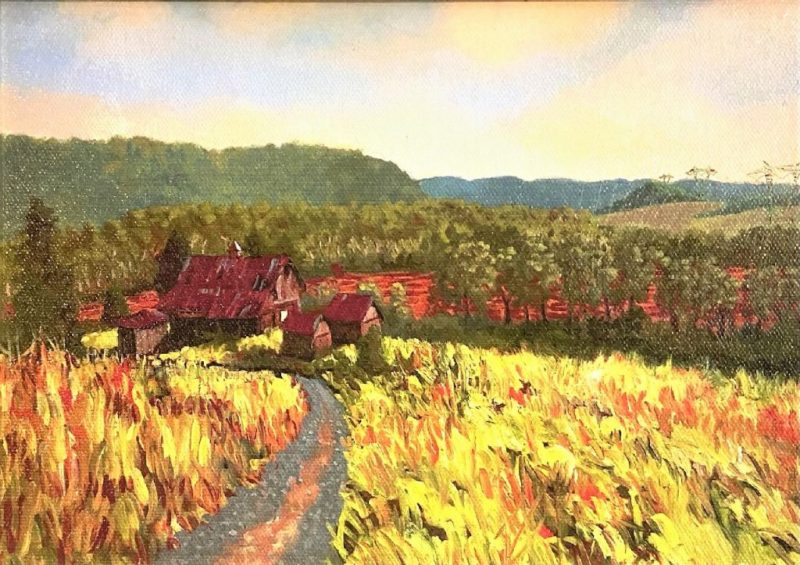 An impressionist painting of a red farmhouse situated between a field of yellow crops and rolling, wooded hills. In the distant background, under a cloudy sunrise sky, metal powerlines run along hills cleared of trees.