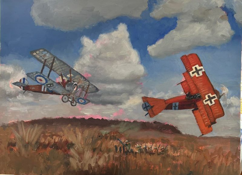 A painting depicting an allied plane in an aerial dogfight with the Red Baron, framed by partly cloudy skies over a brown and red landscape.