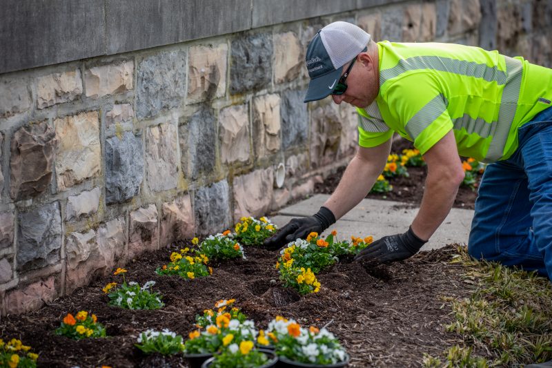 A person wearing a high visibility vest and gloves kneels down to spread mulch around a flower bed. A grey Hokie Stone wall lines the flower bed.  