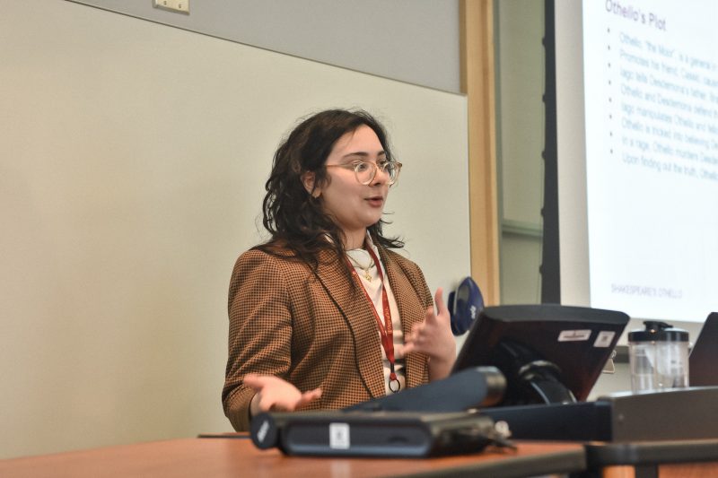 Zainab Shamim, a senior majoring in English literature at Virginia Tech, during an oral presentation at the recent Meeting of Minds conference. Photo by Ashley Wynn.