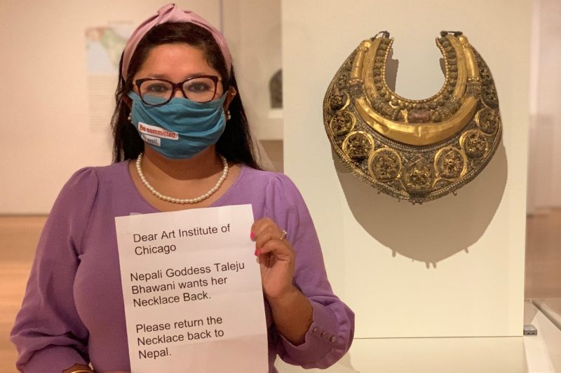 Sweta Baniya visited the Art Institute of Chicago in December 2021 to make a plea for the necklace's return to Nepal. Photo provided by Baniya.