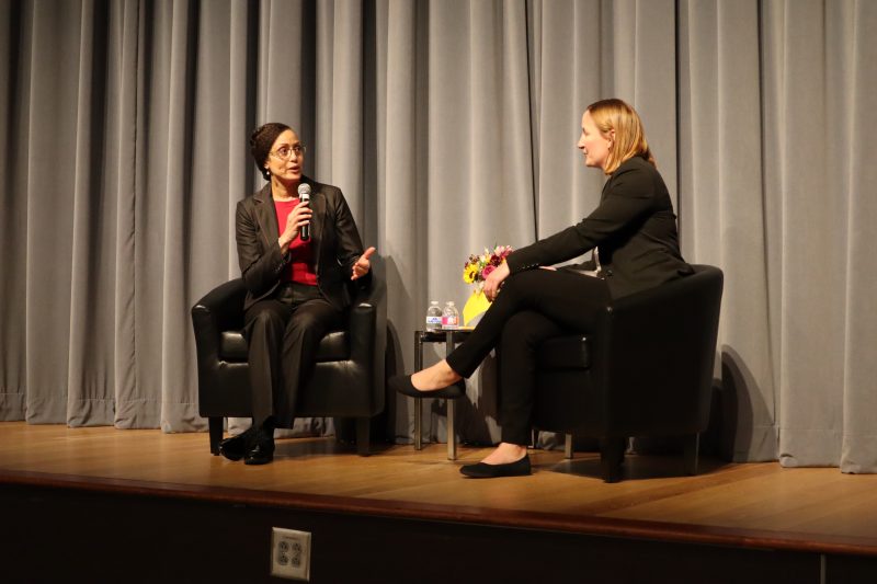 Stacey Dixon (left), principal deputy director of national intelligence at the Office of the Director of National Intelligence, with Laura Freeman (right), deputy director of the Virginia Tech National Security Institute.