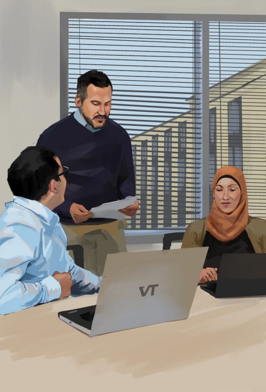 Artwork illustration - three international students around a laptop
