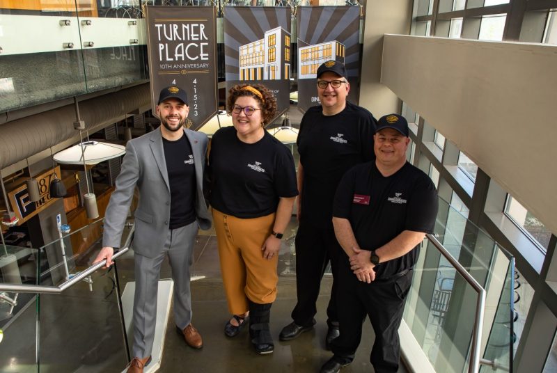 Turner Place Leadership Left to Right: Brandon Hendricks Associate Director Dining Services, Katey Carr Assistant Director Turner Place, Brian Grove Senior Associate Director Dining Services, and John Barrett Associate Director Dining Services Photo by: Darren Van Dyke