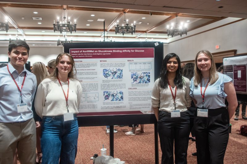 Virginia Tech students Logan Carolino, Amelia Hegstrom, Leela Ohri, and Claire Robinson presented their work at a recent undergraduate research conference in Owens Hall. Photo by Ashley Wynn for Virginia Tech.