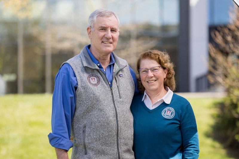 Drs. David and Jennifer Hodgson outside the VMIA building at the Virginia-Maryland College of Veterinary Medicine where they both served as faculty. 