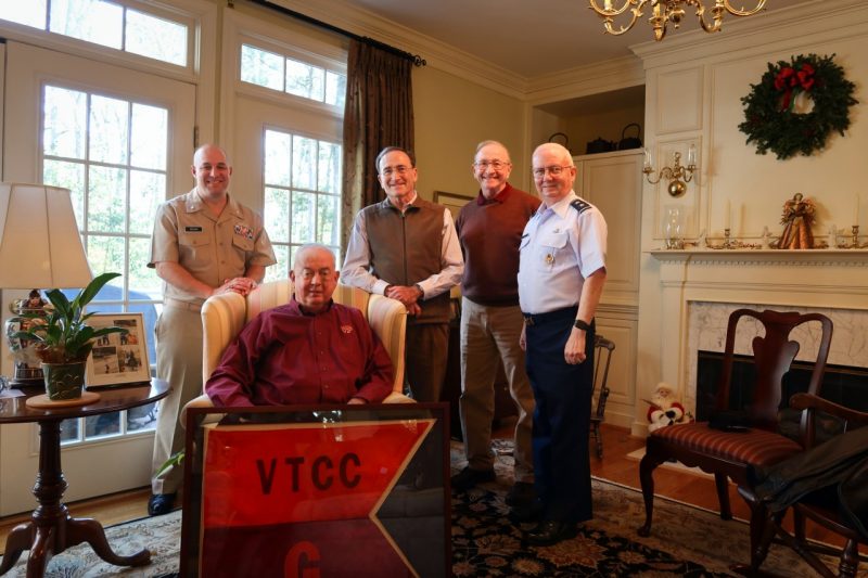 Lt. Gen. Inge was highly respected by his fellow classmates and other alumni. Early this year, pictured left, Cmdr. Nate Brown ’98, alumni director, Col. Bob Archer ’69, Maj. Gen. Jim Archer ’72, and Maj. Gen. Randal D. Fullhart, commandant of the Virginia Tech Corps of Cadets traveled to Williamsburg, VA to present Lt. Gen. Inge with a framed Company G guidon.
