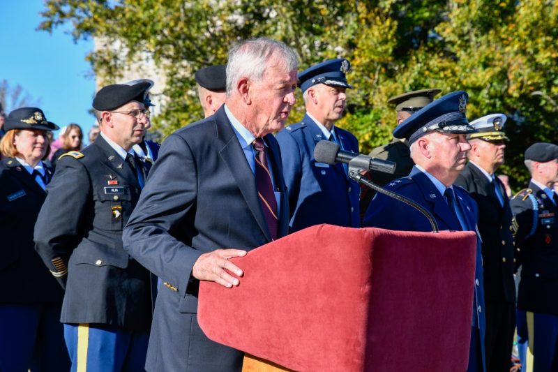Lt. Gen. Joseph R. Inge speaks to cadets during the Pass in Review in honor of the Class of 1969 at Homecoming in 2019. Photo by Shay Barnhart for Virginia Tech.