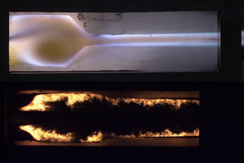Top: Image from a combustion test, burning a material called polymethyl methacrylate (PMMA) on the solid fuel scramjet rig at the Advanced Propulsion and Power Laboratory. Bottom: On the solid fuel ramjet rig, Young and his students test solid fuel source hydroxyl-terminated polybutadiene (HTPB). 