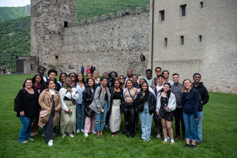 Students and facilitators inside the walls of Castlegrande, one of three castles located in Bellinzona. Cantonal tourist officials gave the visitors a presentation about the history of the three castles in Bellinzona, which was named a United Nations Educational, Scientific and Cultural Organization (UNESCO) heritage site in 2000. Students had the opportunity to visit the castles and experience the fortifications and examples of medieval defensive architecture first-hand. Photo by Ryan Hopkins for Virginia Tech.