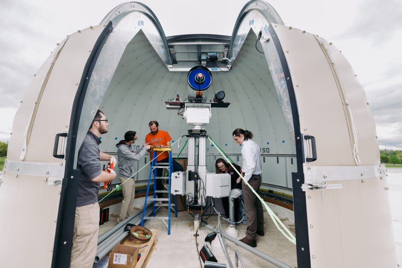 Virginia Tech students Gavin Saul, Nick Angle, Rose Stanphill, Connor Thornhill, and Josh Smoot, using the Virginia Tech National Security Institute's Space Domain Awareness telescope.