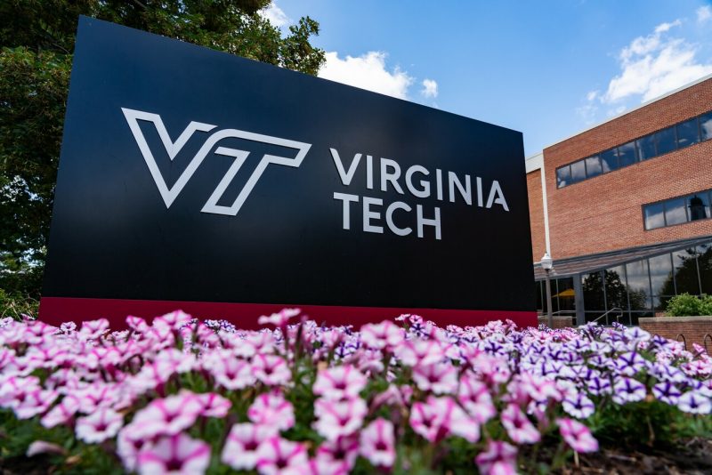 A Virginia Tech sign sits outside of Squires Student Center on the Blacksburg campus.