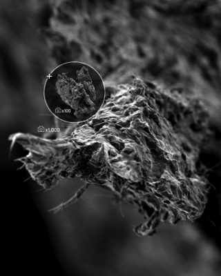 A tire particle found in a sample of water collected from Stroubles Creek is magnified using a scanning electron microscope. 