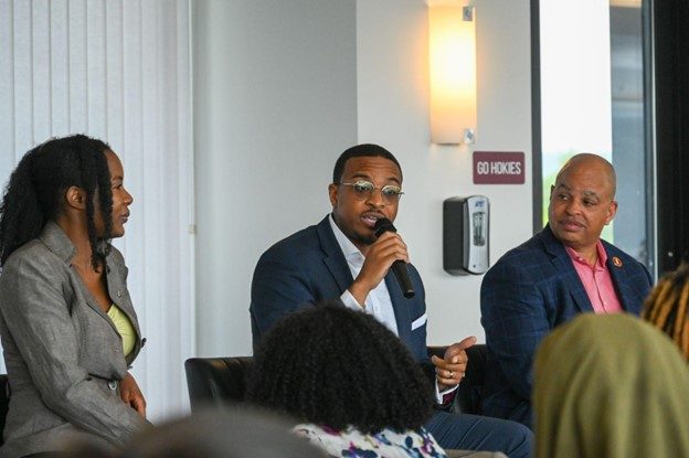 Pamplin board members Eric Johnston and Errol Alexander from Howard Feiertag Department of Hospitality and Tourism Management, alongside assistant professor Dr. Shaniel Bernard Simpson, sharing life experiences within the HTM field. Photo by A’me Dalton for Virginia Tech.