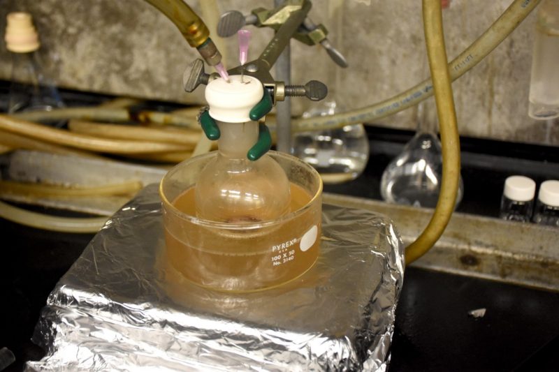 A flask filled with waxes generated from waste polyethylene and polypropylene is heated in an oil bath inside a chemistry oven.