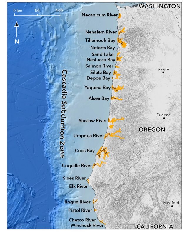A detailed map of the Oregon coast and the Cascadia Subduction Zone.