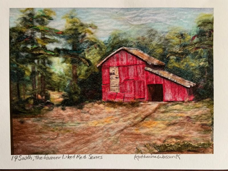 Painting of a red barn with a brown roof surrounded by evergreen trees.