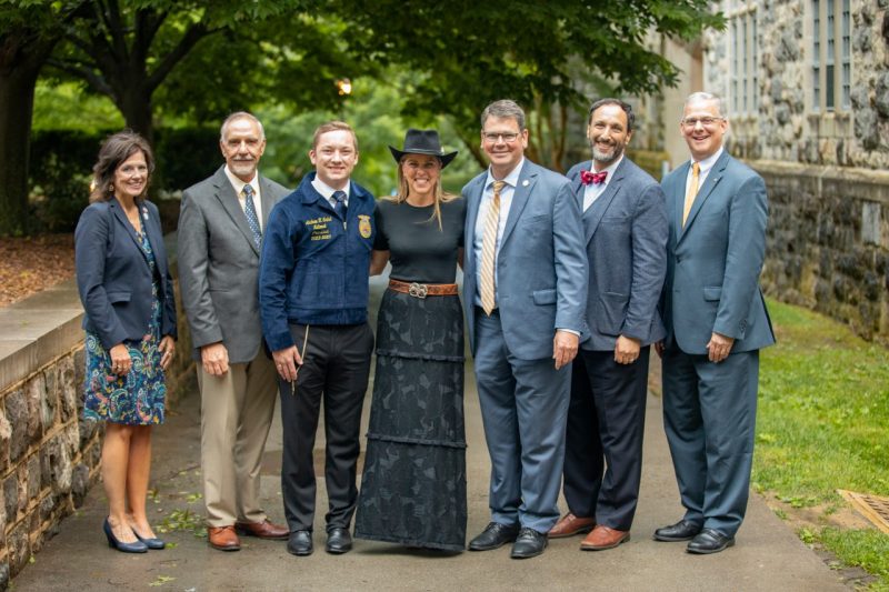 Dean Grant (far right) with Cyril Clarke (second from left), executive vice president and provost; Andrew Seibel, president of the National FFA Association; Suzanne Youngkin, First Lady of Virginia; Matthew Lohr, Virginia Secretary of Agriculture and Forestry; and Mike Gutter, director of Virginia Cooperative Extension. 