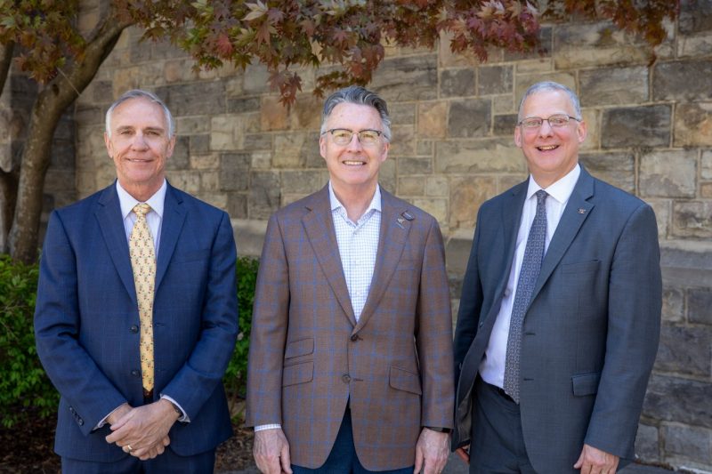 From left: Cyril Clarke, executive vice president and provost, Tim Sands, president, and Alan Grant, dean of the College of Agriculture and Life Sciences. Photo by Tim Skiles for Virginia Tech.