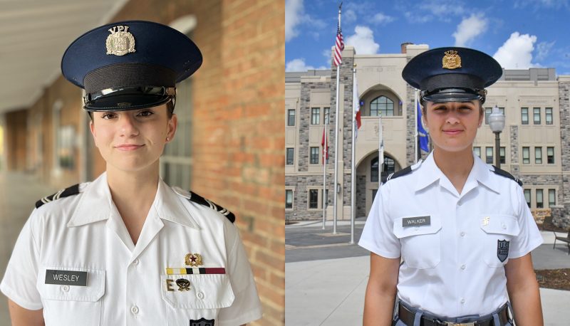   Both cadets are smiling in their white shirt uniform. Cadet Wesley is standing on a covered porch and Cadet Walker is standing in front of a building.