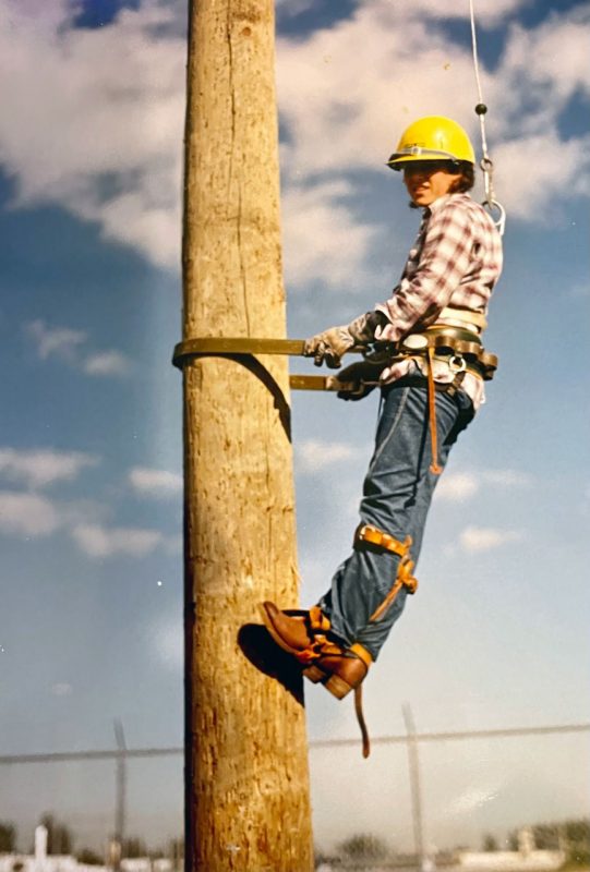 Lianne Lami scales a pole as part of her co-op work for Virginia Power (now Dominion Energy), circa 1986. Photo courtesy of Lianne Lami.