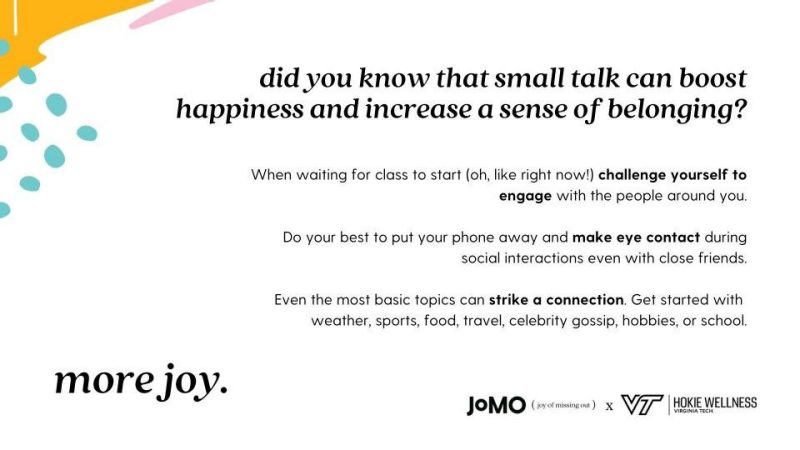 A slide includes the title, "Did you know that small talk can boost happiness and increase a sense of belonging?" Below are tips like "challenge yourself to engage with people around you," "make eye contact during social interactions," and "strike a connection around weather, sports, food, travel, celebrity gossip, hobbies, or school."