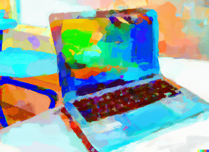 Generative AI image of a brightly colored, impressionistic oil painting of a laptop, created by Dall-E