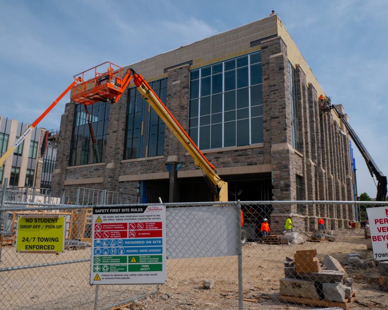 An exterior wide shot of the new Hitt Hall under construction.