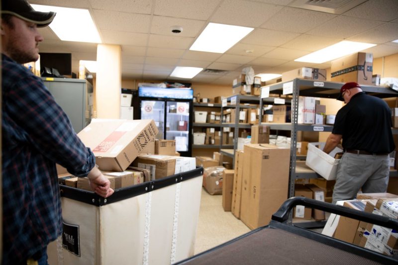 Mail Services sorting through packages in mail rom