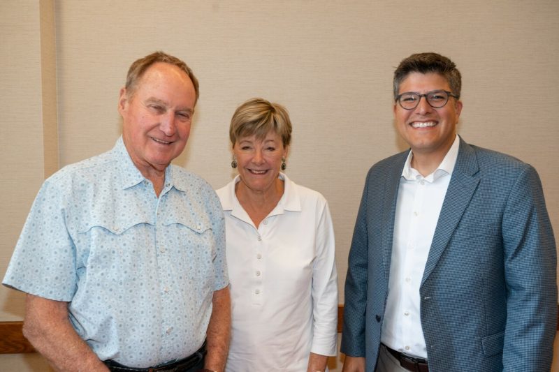 Preston and Catharine White during an August 2023 meeting with Virginia Tech Associate Vice Provost for Enrollment Management Juan Espinoza.