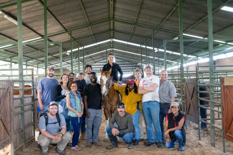 A group from Virginia Tech and Costa Rica stand together inside a barn with a young girl on a horse in the middle.